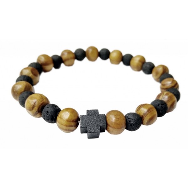 Religious Bracelet with Lava and wooden pearls 