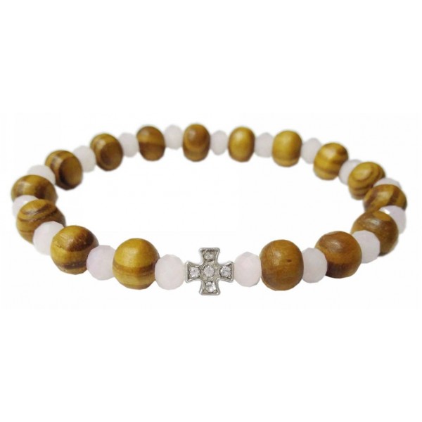 Religious Bracelet with synthetic and wooden pearls 