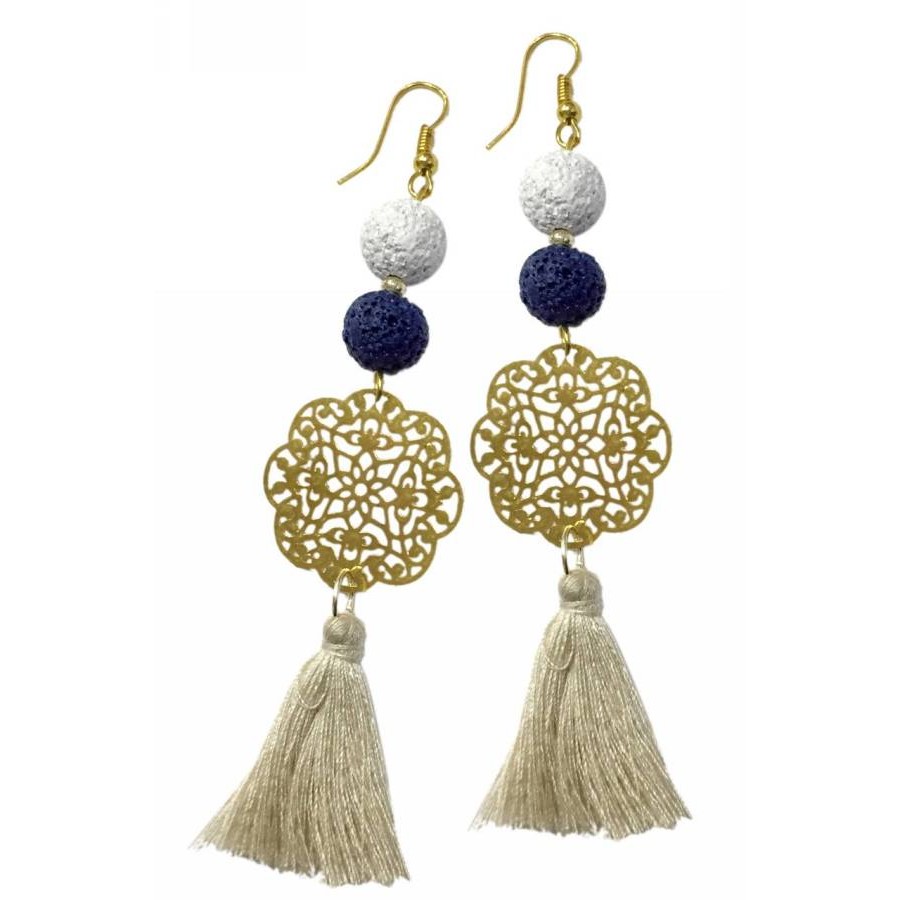 Earrings with metal elements, lava pearls and tassel 