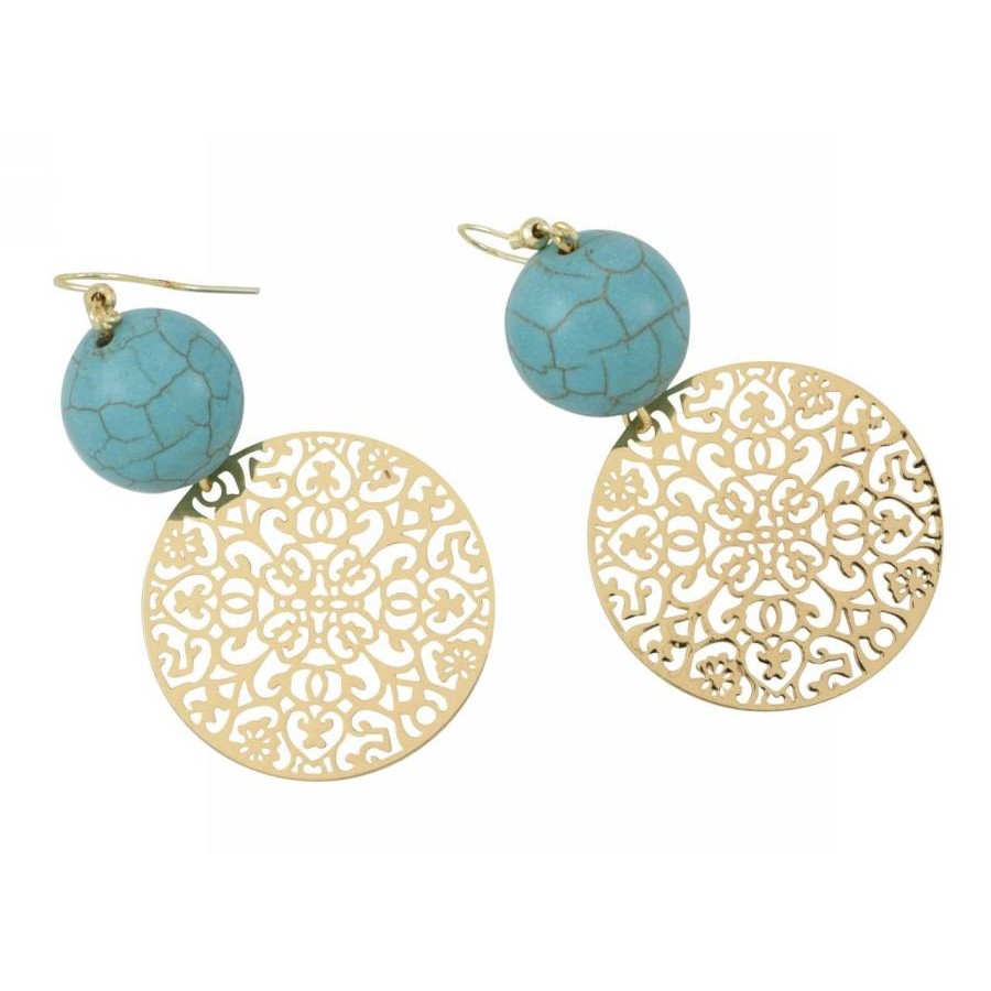 Earrings with metal elements and turquoise color pearls