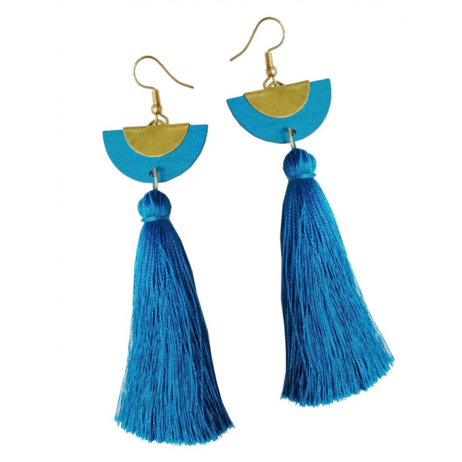 Earrings with wooden, metal elements and tassel