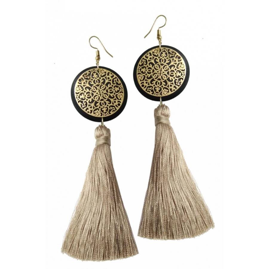 Earrings with wooden, metal elements and tassel