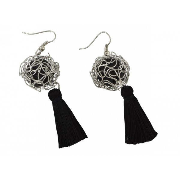 Earrings with metal elements, lava pearls and tassel