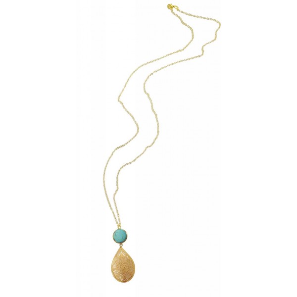 Necklace with chain, metal elements and turquoise color pearl