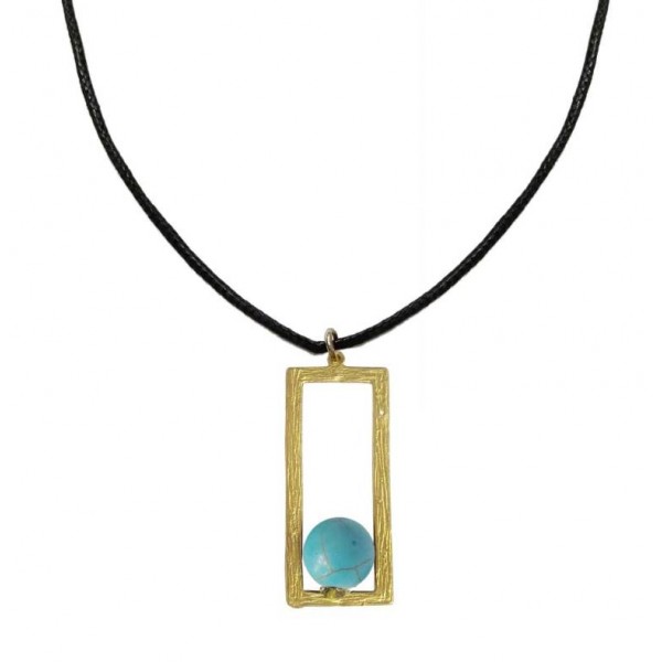 Metal pendant with cord and turquoise color pearl