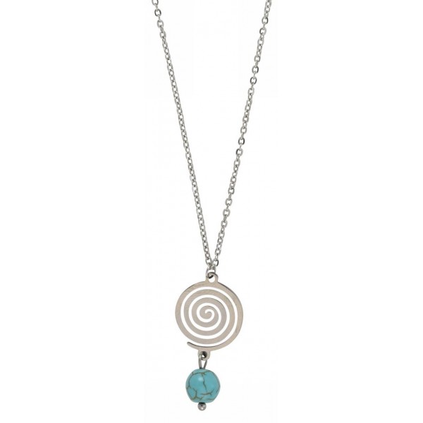 Necklace with metal chain and turquoise colored pearl