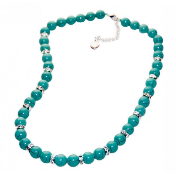 Necklace with turquoise colored pearls