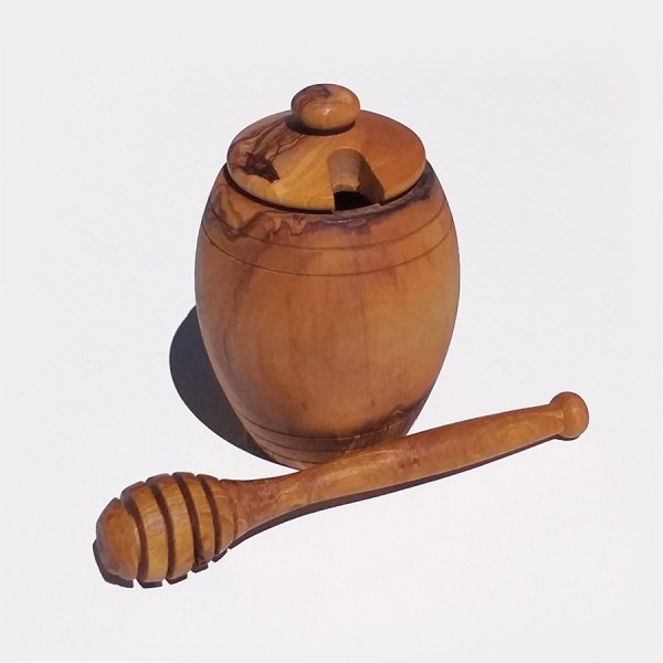 Olive Wood Honey Pot with Honey Spoon